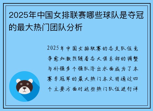 2025年中国女排联赛哪些球队是夺冠的最大热门团队分析