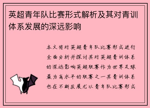 英超青年队比赛形式解析及其对青训体系发展的深远影响
